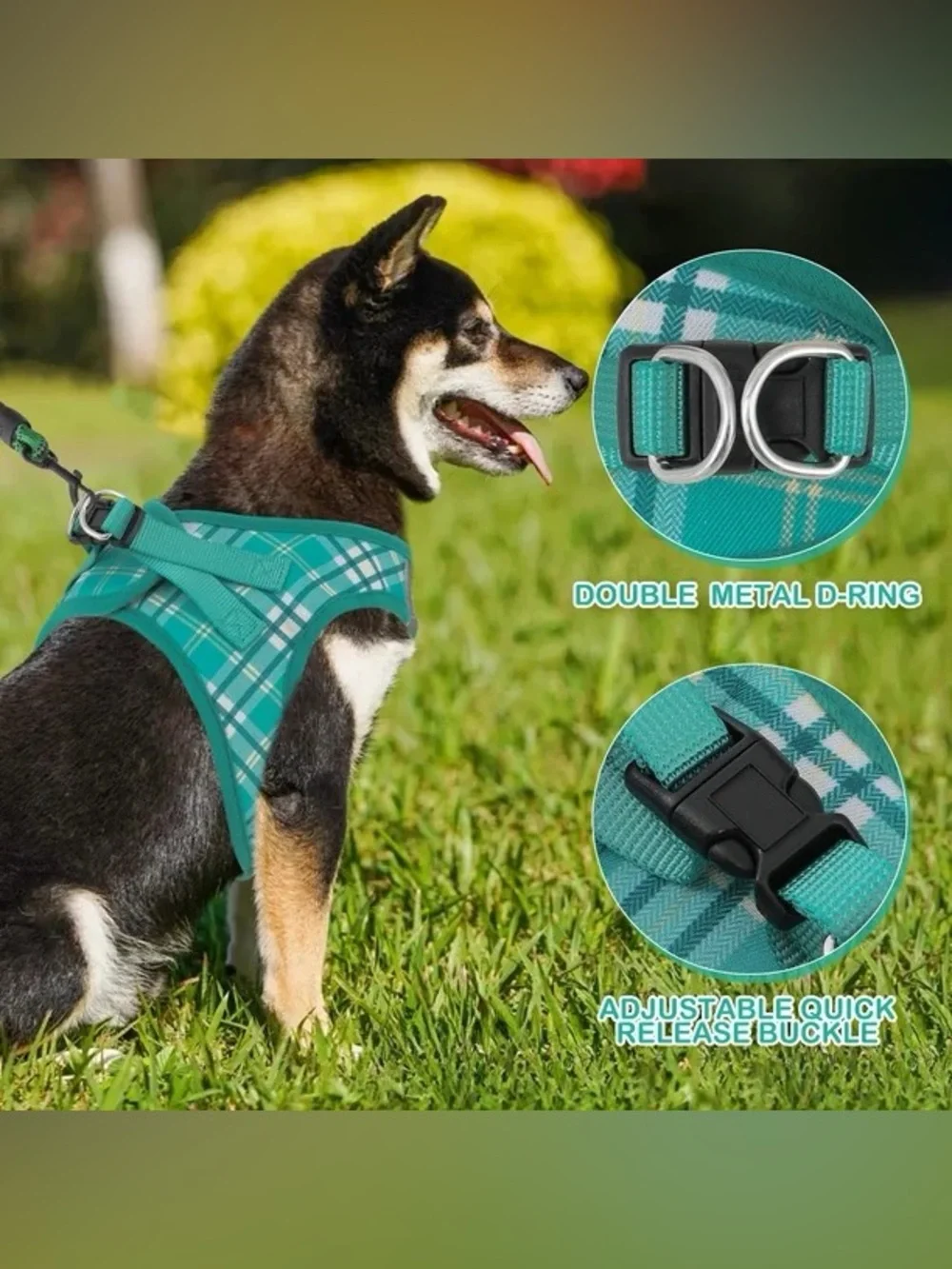 Teal Plaid Dog Harness and Rope Leash Set - Durable Comfort for Daily Walks🐾🌟💚